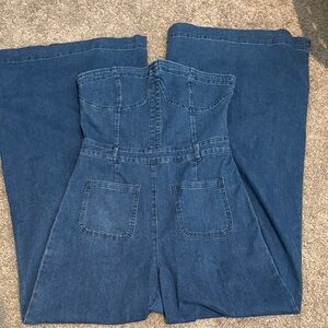 Denim Strapless Jumpsuit - Blue